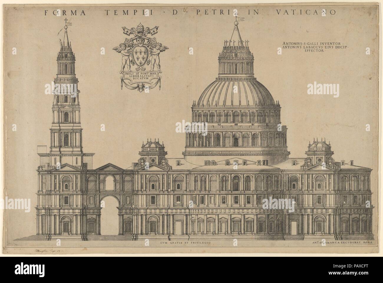 Antonio da Sangallo il progetto per St Peters, piano della facciata estesa a sinistra con una torre. Artista: Dopo Antonio da Labacco (italiano, vicino a Vigevano ca. 1495-dopo il 1567). Dimensioni: foglio: 13 1/2 x 20 3/8 in. (34,3 x 51,7 cm) immagine: 12 7/8 x 20 in. (32,7 x 50,8 cm). Editore: Antonio Salamanca (Salamanca Roma 1478-1562). Data: 1540-49. Museo: Metropolitan Museum of Art di New York, Stati Uniti d'America. Foto Stock