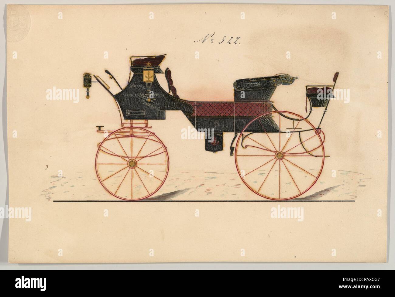 Design per trascinare o rottura, no. 322. Dimensioni: foglio: 6 9/16 x 9 7/16 in. (16,6 x 24 cm). Produttore: Brewster & Co. (Americani, New York). Data: 1850-70. Brewster & Azienda Storia Istituito nel 1810 da James Brewster (1788-1866) in New Haven, Connecticut, Brewster & Company specializzata nella produzione di carrelli di fine. Il fondatore ha aperto a New York showroom in 1827 a 53-54 Broad Street e la Società fiorirono sotto le generazioni della famiglia di leadership. Necessitava di espansione si muove intorno a Manhattan, con modifiche del nome che riflette i turni di gestione-James Brewster & Sons operat Foto Stock