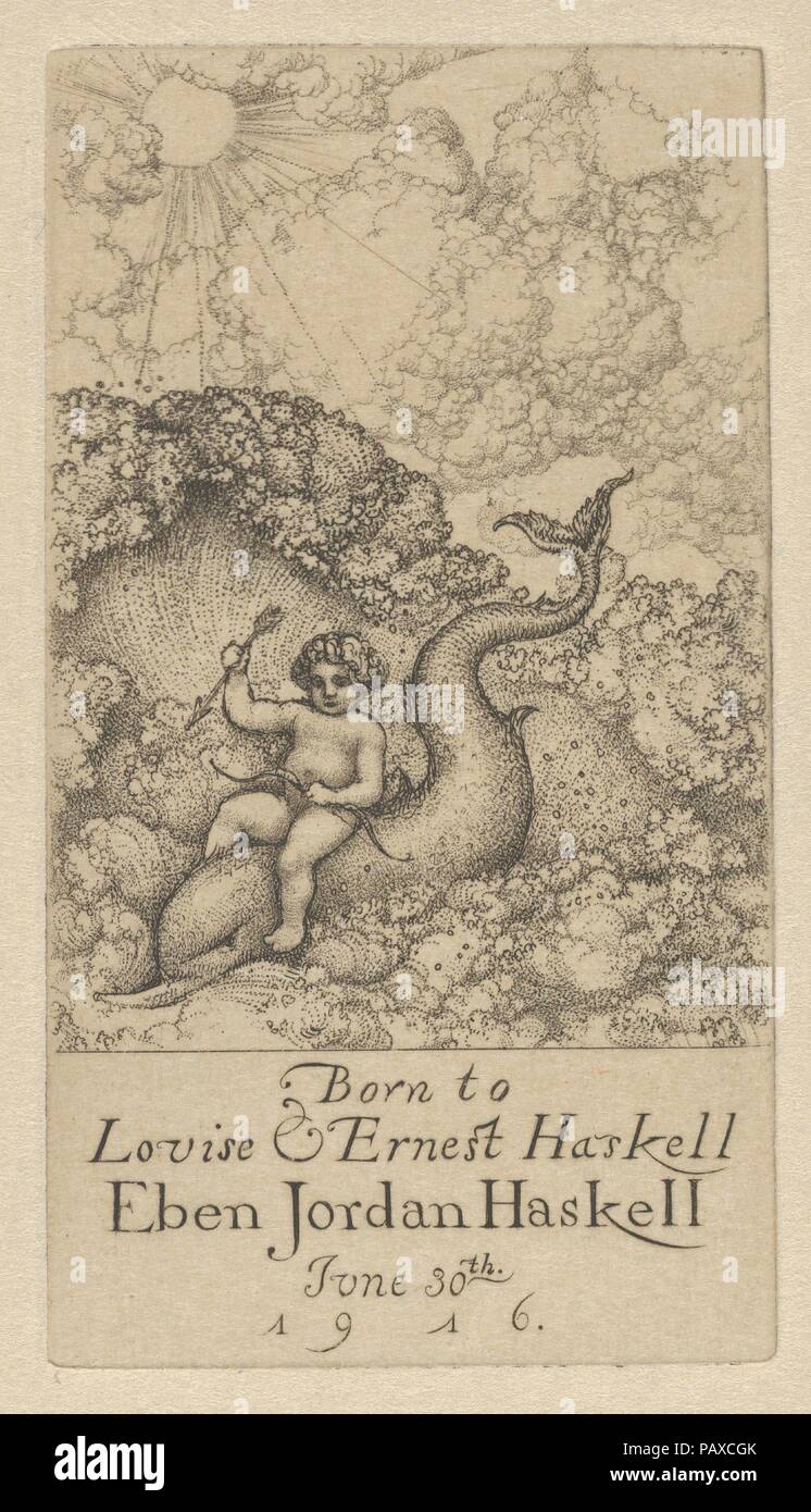 Eben la nascita. Artista: Ernest Haskell (American, Woodstock, Connecticut 1876-1925 West Point, Maine). Dimensioni: foglio: 5 1/2 in. × 4 a. (13,9 × 10,1 cm) Piastra: 3 9/16 × 1 15/16 in. (9 × 5 cm). Data: 1916. Annuncio della nascita di un figlio al aritst e la sua prima moglie, Elizabeth Louise. Museo: Metropolitan Museum of Art di New York, Stati Uniti d'America. Foto Stock