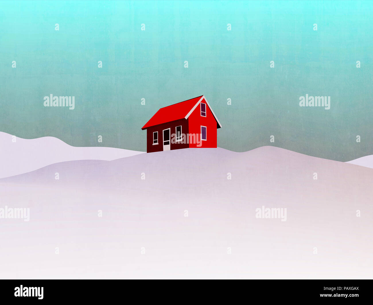 Casa nel paesaggio invernale illustrazione - baita in natura la pittura Foto Stock