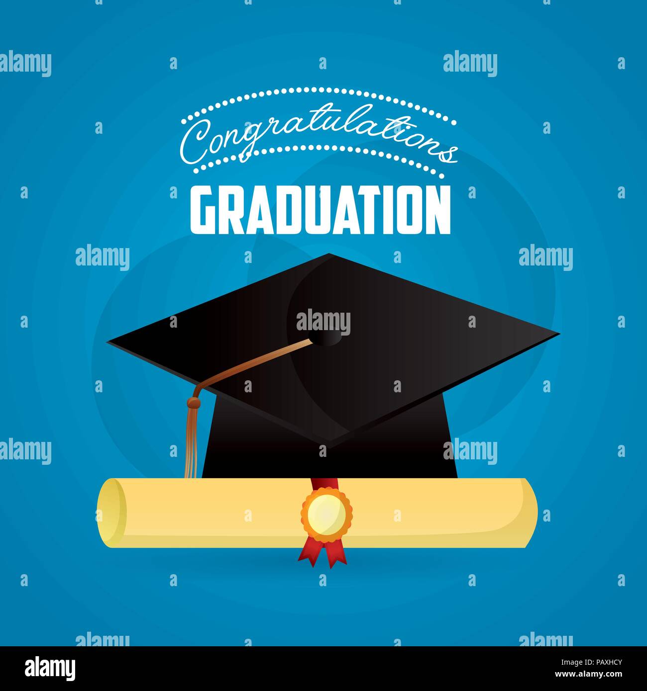 Congratulazioni graduazione hat e roll diploma successo illustrazione vettoriale Illustrazione Vettoriale