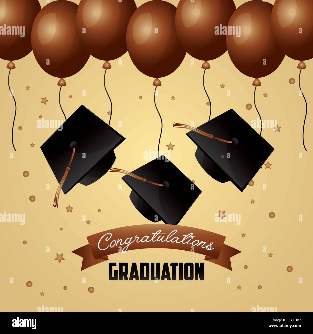Congratulazioni Graduazione marrone cappucci di palloncini e stelle celebrazione illustrazione vettoriale Illustrazione Vettoriale