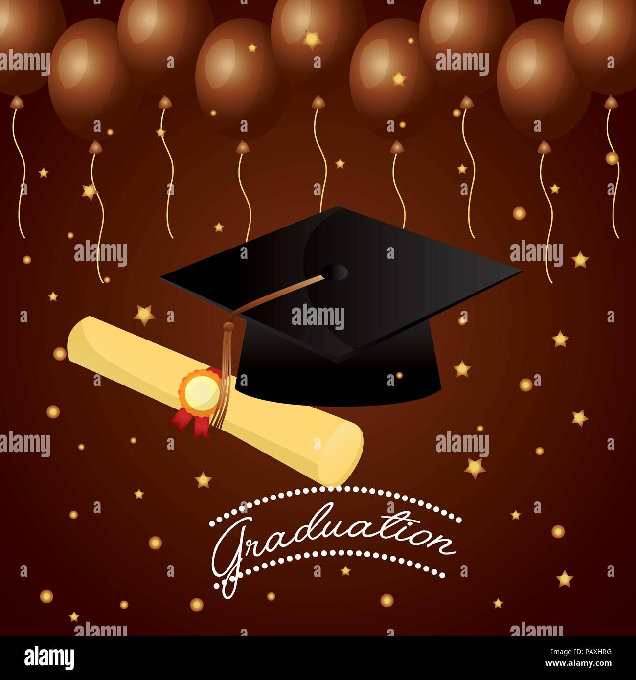 Congratulazioni graduazione hat certificate e stelle palloncini sfondo marrone illustrazione vettoriale Illustrazione Vettoriale