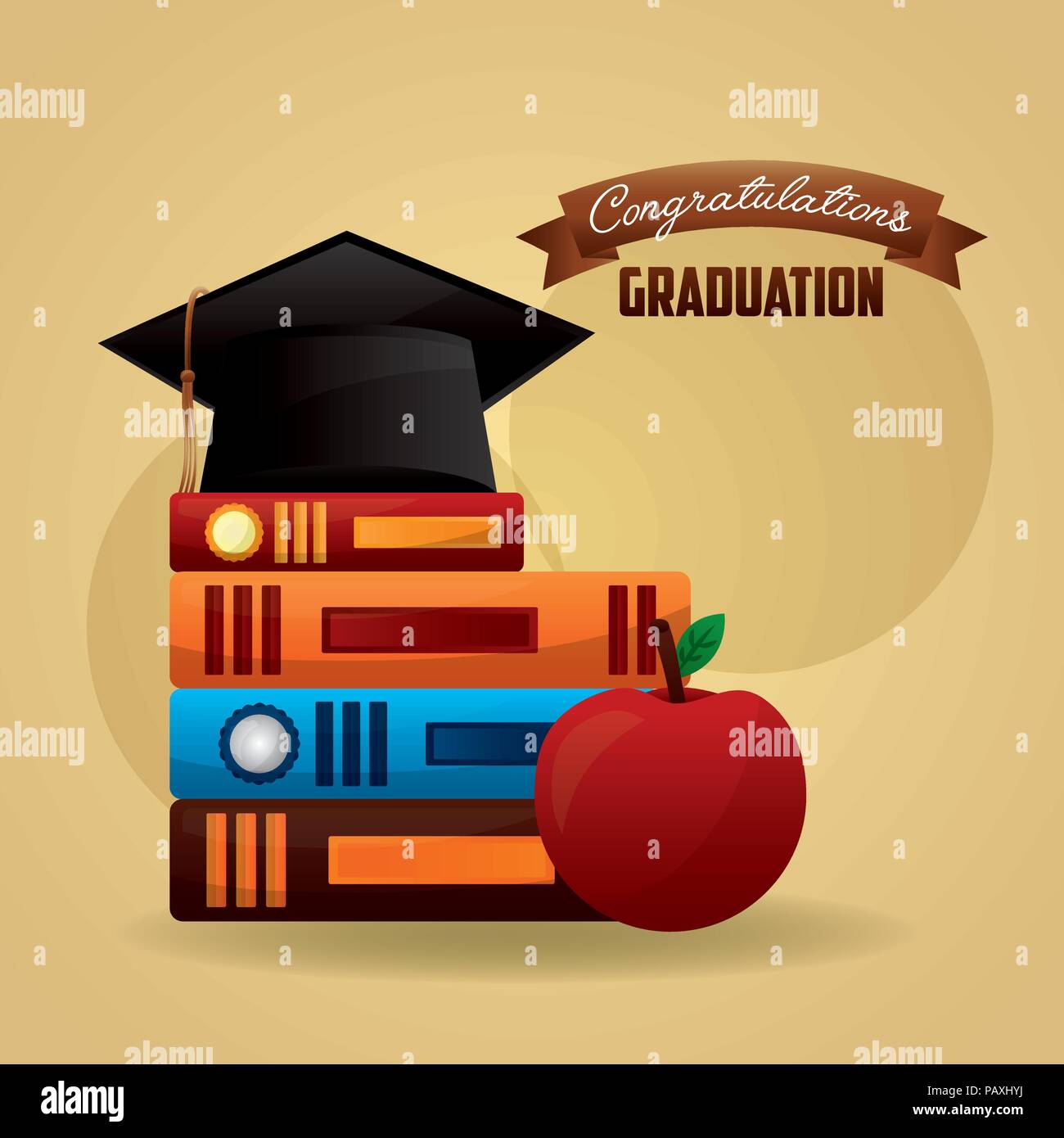 Congratulazioni graduazione hat sulla pila di libri e apple education illustrazione vettoriale Illustrazione Vettoriale