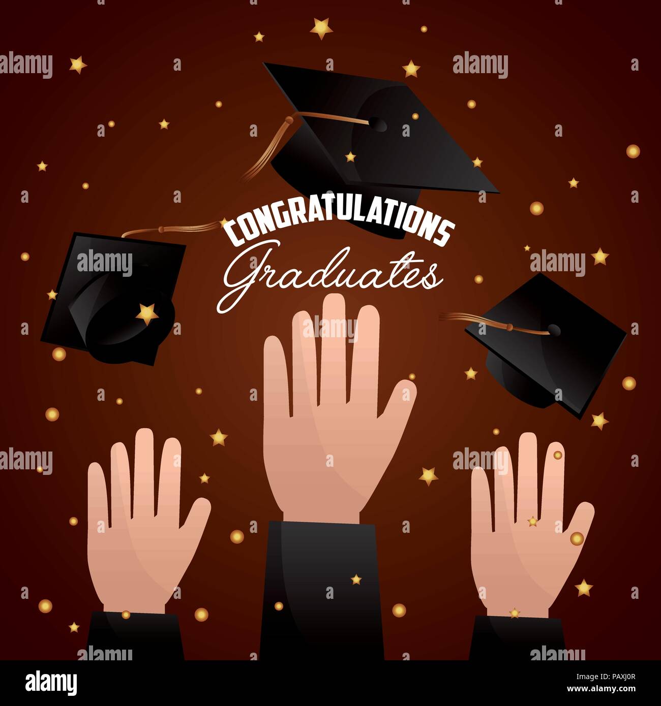 Congratulazioni laurea studente le mani alzate con cappelli illustrazione vettoriale Illustrazione Vettoriale