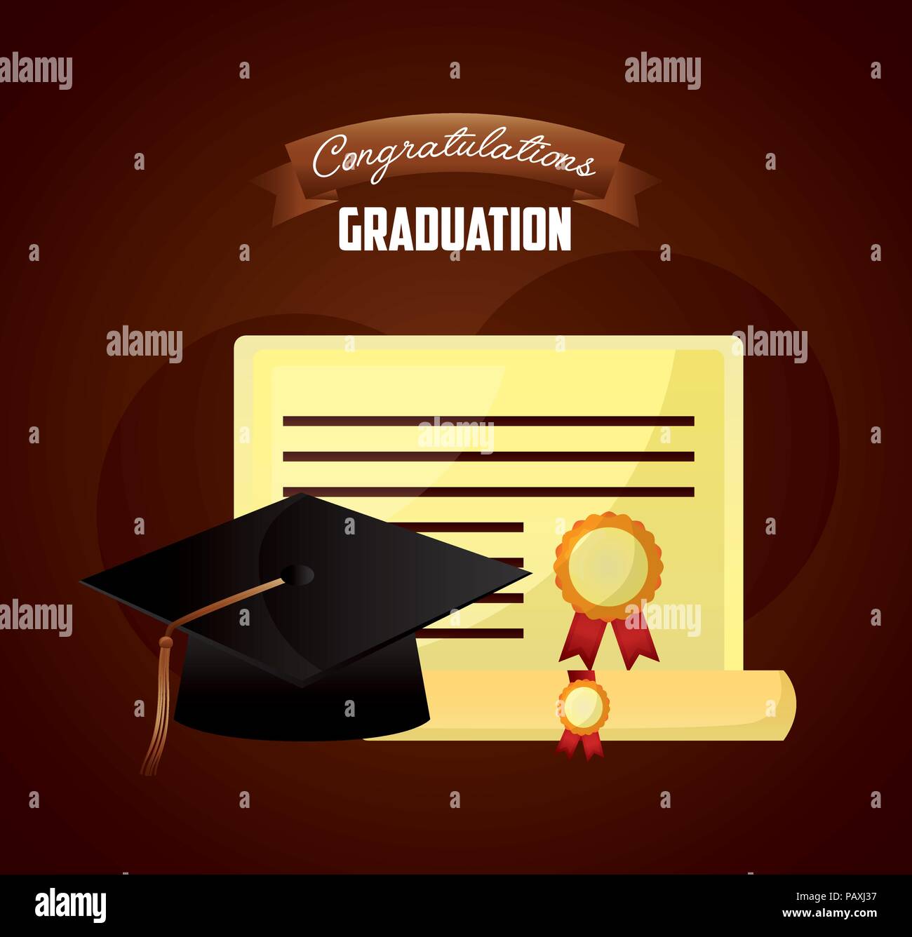 Congratulazioni graduazione hat e diploma di scorrimento carta pergamena illustrazione vettoriale Illustrazione Vettoriale