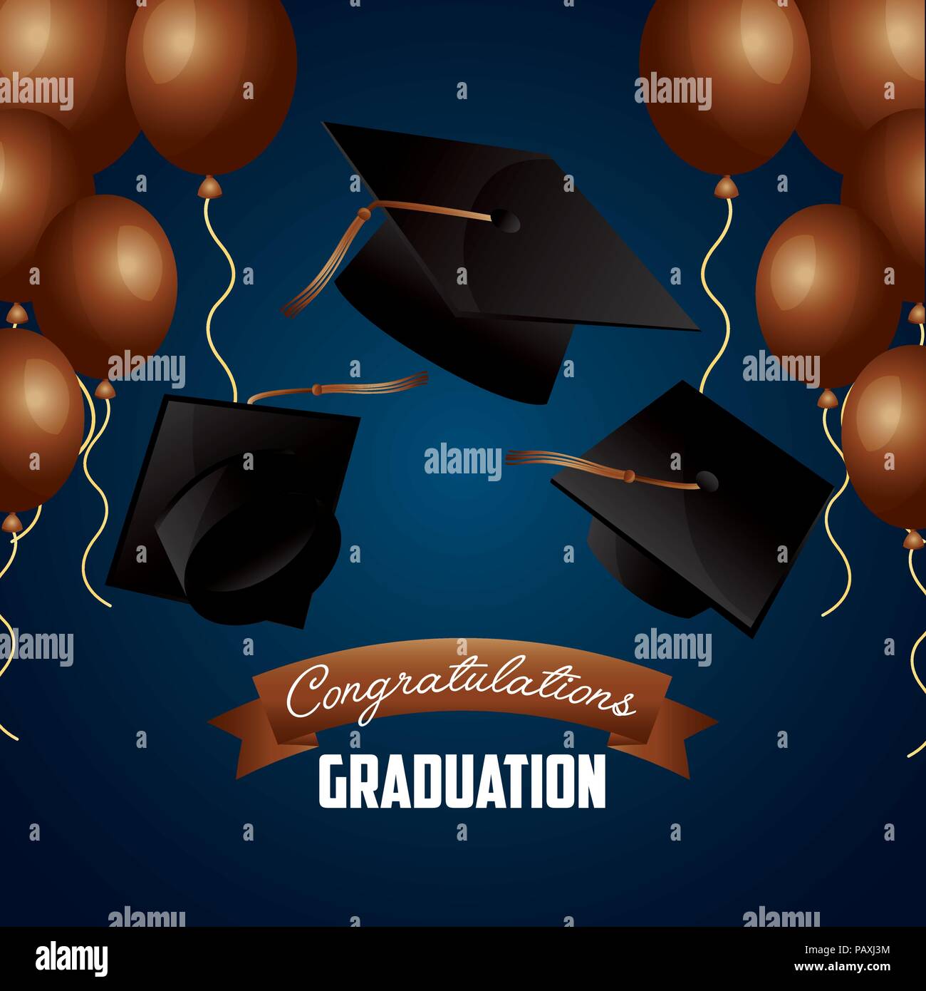 Congratulazioni laurea cappelli e palloncini marrone sfondo blu illustrazione vettoriale Illustrazione Vettoriale