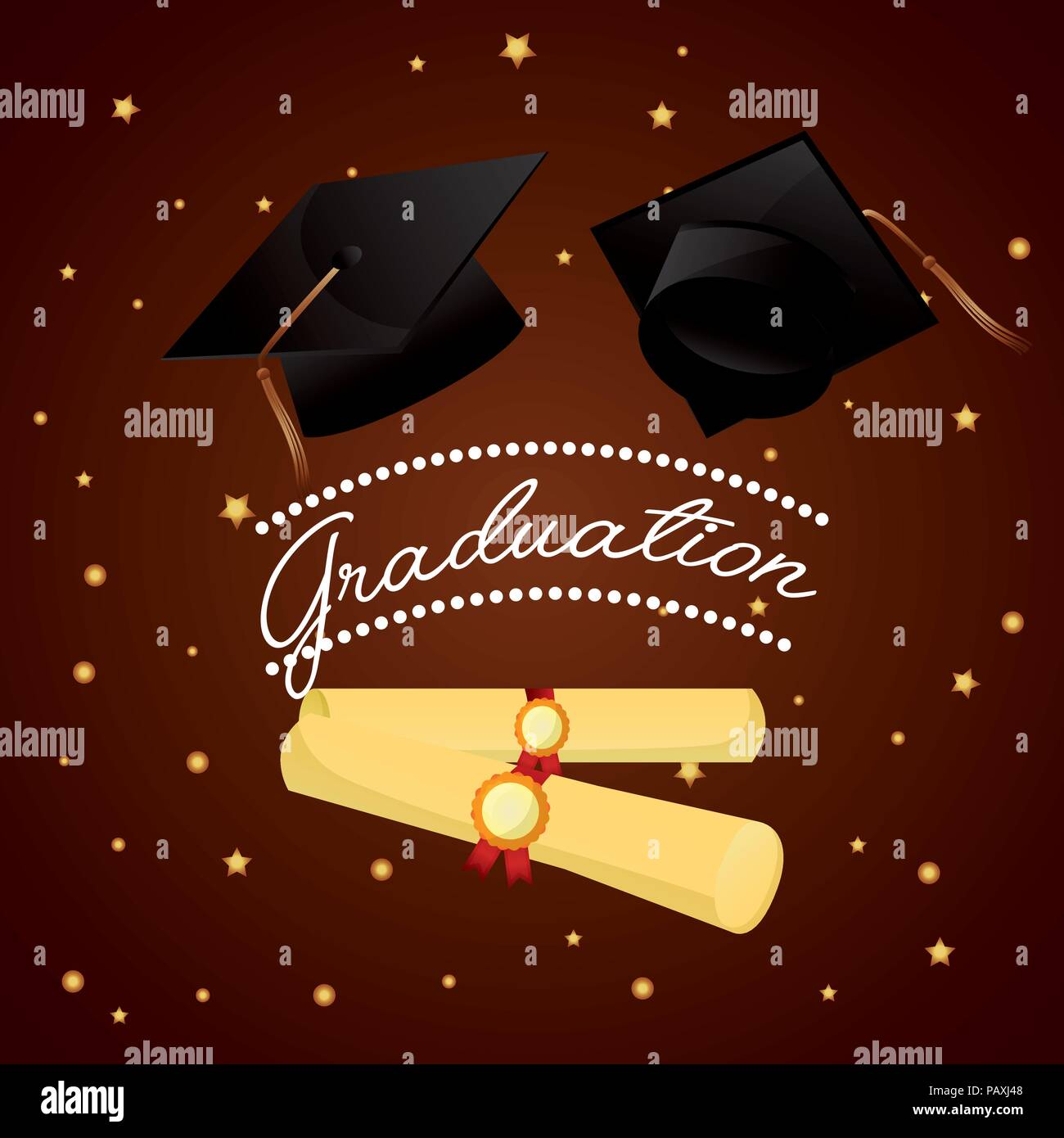 Congratulazioni laurea cappelli e certificati rotoli marrone sfondo lucido illustrazione vettoriale Illustrazione Vettoriale