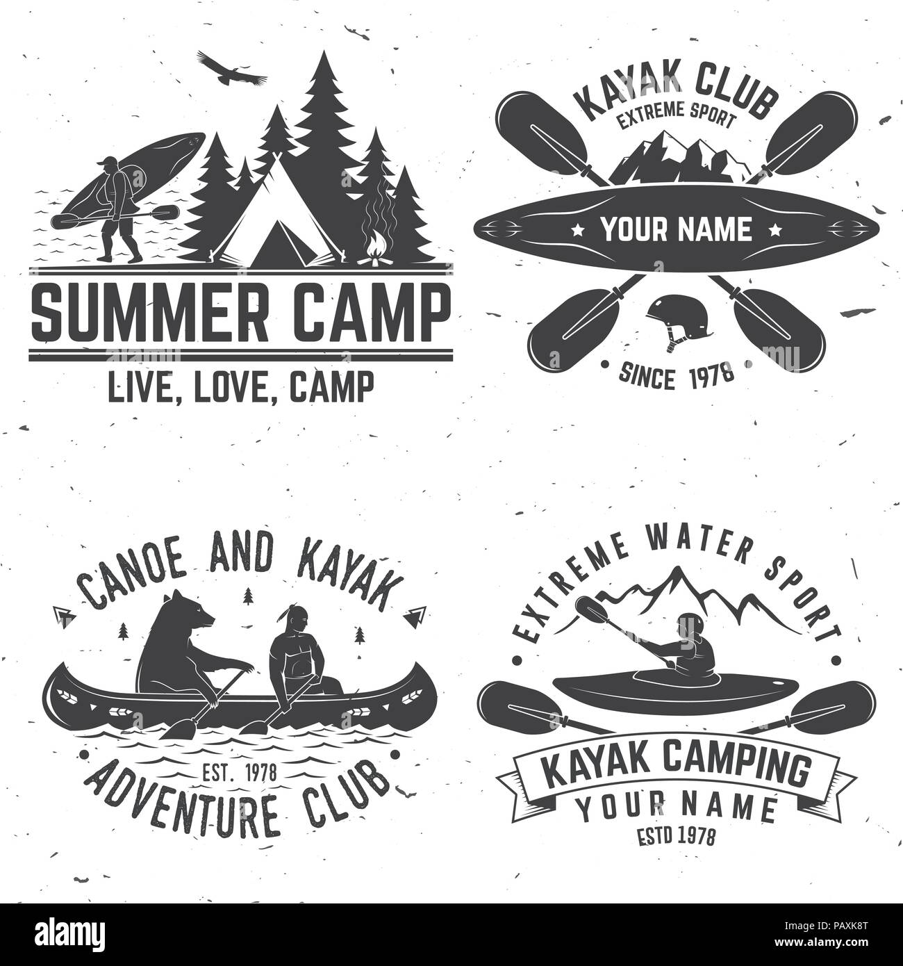 Set di kayak club badge. Illustrazione Vettoriale. Concetto per una camicia o un logo, stampa, timbro o il raccordo a t. Vintage design tipografia con canoe, paddle, tenda da campeggio e silhouette di foresta. Illustrazione Vettoriale