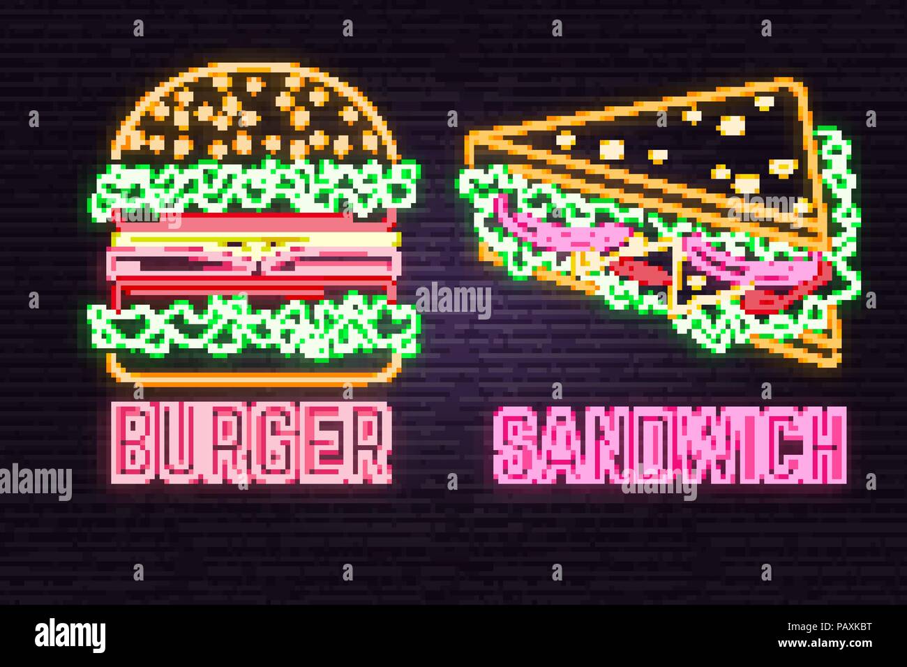 Neon retrò burger e sandwich segno su un muro di mattoni dello sfondo. Design per il fast food cafe. Vettore. Neon design per negozi, bar, pub o fast food business. Luce burger e segno di sandwich banner. Tubo di vetro Illustrazione Vettoriale