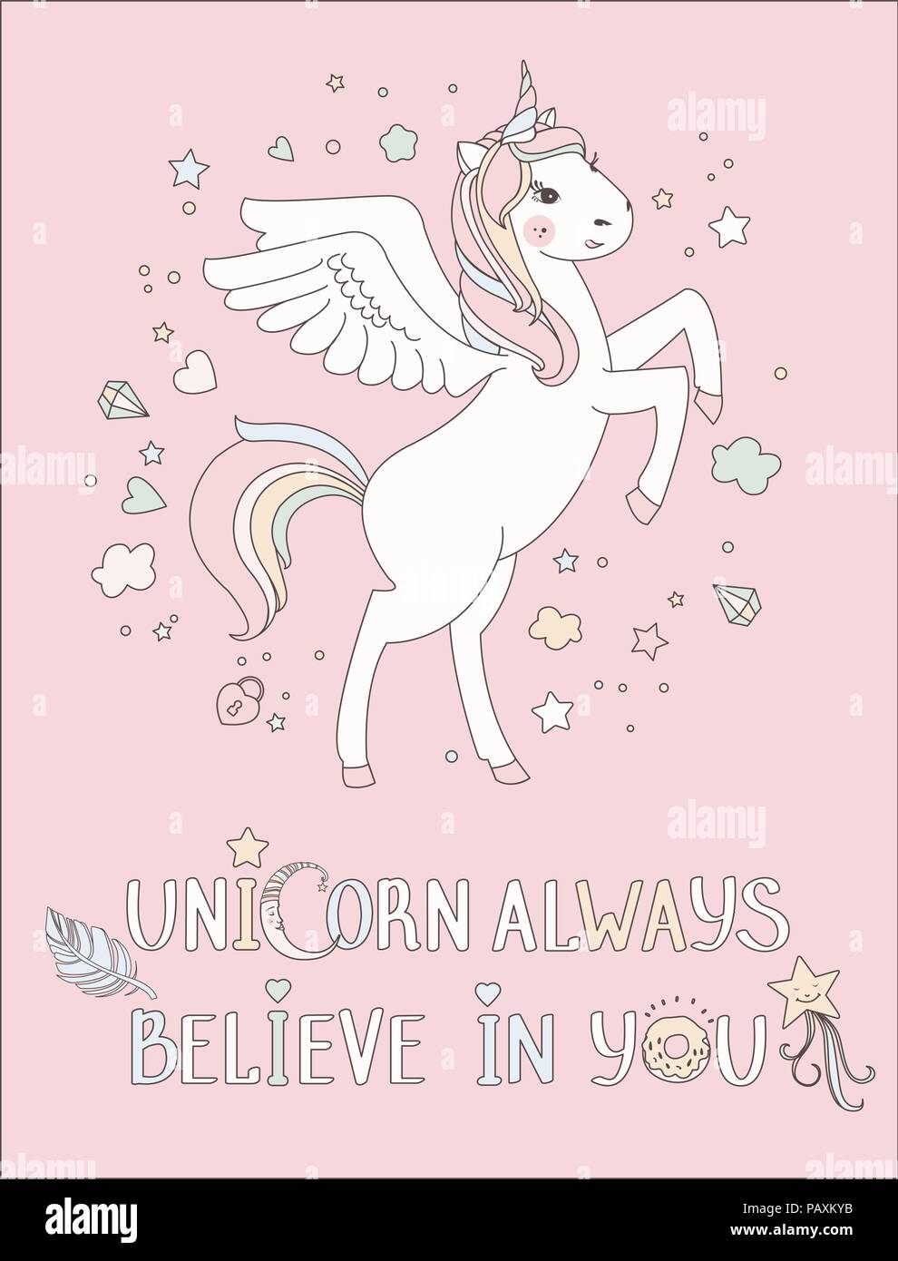 Unicorn vettore carino dolce illustrazione. Magic fantasy design. Cartoon rainbow animale cavallo isolato. Fairytale unicorn stampare poster. Illustrazione Vettoriale
