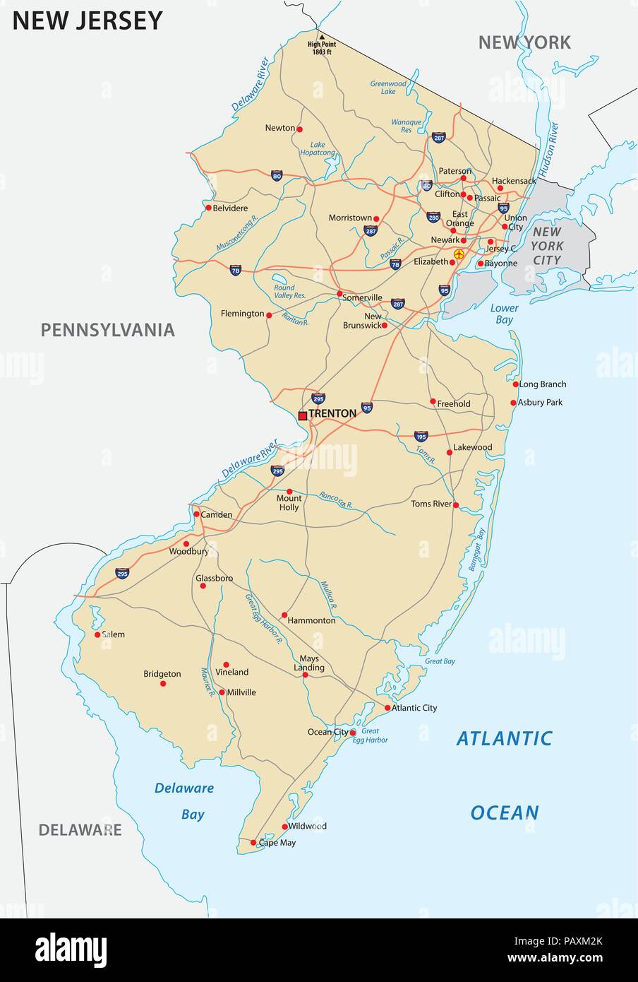 New Jersey vettore mappa stradale Illustrazione Vettoriale