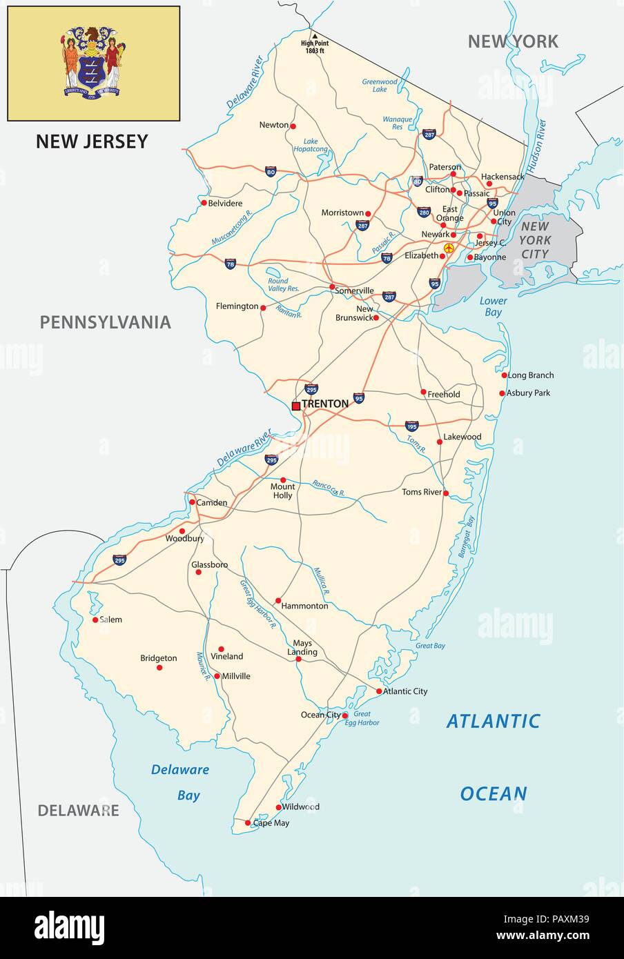 New Jersey road map con bandiera Illustrazione Vettoriale