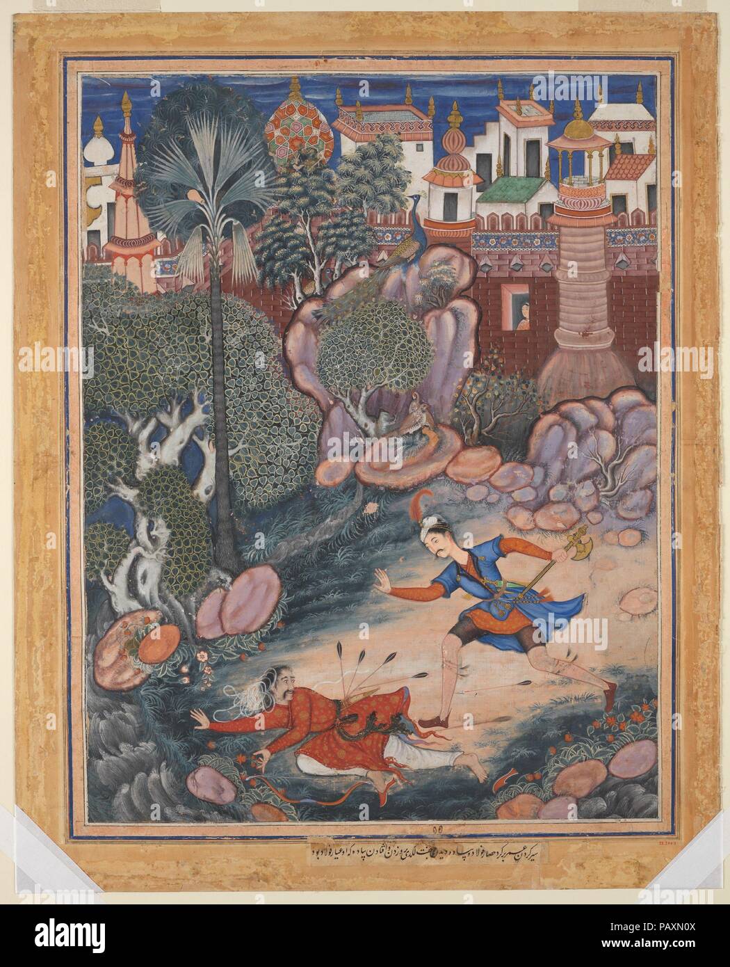 ''Umar passeggiate intorno al castello Fulad, incontra un soldato del piede e calci lui a terra", Folio da un Hamzanama (Le avventure di Hamza). Artista: attribuito a Kesav Das (active ca. 1570-1604); attribuita a Mah Muhammad (attivo1570s). Dimensioni: H. 28 3/4 in. (73 cm) W. 22 1/4 in. (56,5 cm). Data: ca. 1570. Il Hamzanama racconta la favola di Hamza, uno zio del Profeta Maometto che era un leggendario difensore della fede. Questo dipinto illustra un episodio che coinvolgono 'Umar, una spia fedele a Hamza, che apprende di un tunnel segreto nel castello Fulad del soldato che egli ha bested. Si tratta Foto Stock