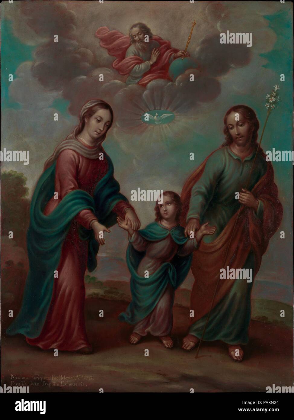 Il ritorno della Sacra Famiglia in Egitto. Artista: Nicolás Enríquez (Messicano, 1704-1790). Dimensioni: 22 1/4 × 16 1/2 in. (56,5 × 41,9 cm) incorniciato: 25 a. × 19 1/2 in. × 1 1/2 in. (63,5 × 49,5 × 3,8 cm). Data: 1773. Nicolás Enríquez, la cui carriera di più di sei decenni, è meglio conosciuto come un specialista in dipinti su rame. Egli spesso si basa le sue composizioni sulla stampa europea, come ha fatto in questo dipinto, che copia un lavoro mediante l'artista fiammingo, Peter Paul Rubens. La popolarità del soggetto in cui la trinità celeste è specchiata dal terreno della Santa Famiglia, può essere a Foto Stock