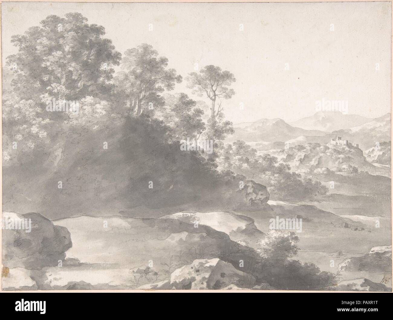 Paesaggio. Artista: Cornelis van Poelenburch (Olandese, Utrecht (?) 1594/95-1667 Utrecht). Dimensioni: foglio: 9 3/16 x 12 7/16 in. (23,3 x 31,6 cm). Data: 1609-67. Museo: Metropolitan Museum of Art di New York, Stati Uniti d'America. Foto Stock