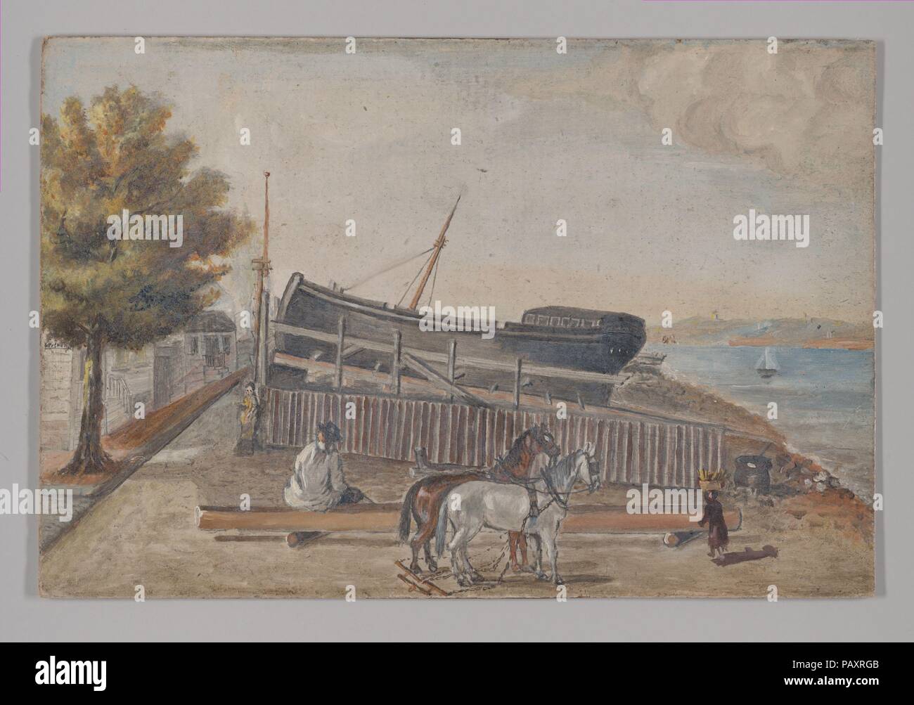 Berg del cantiere navale. Artista: William P. Chappel (American, 1801-1878). Dimensioni: 6 1/8 x 9 1/8 in. (15,6 x 23,2 cm). Data: 1870s. Da 1820s, New York City controllate più di trenta per cento della nazione del commercio di importazione. Con la porta di origine è arrivata la rivitalizzazione del settore della costruzione navale. Corlear il gancio, dove cristiano Bergh stabilito il suo business, era il centro dell'industria che si estendeva da Stanton a Catherine strade lungo la East River. Il quartiere circostante avrebbe ronzava con l'attività di centinaia di riggers, corda e la vela maker e falegnami. Il legno- Foto Stock