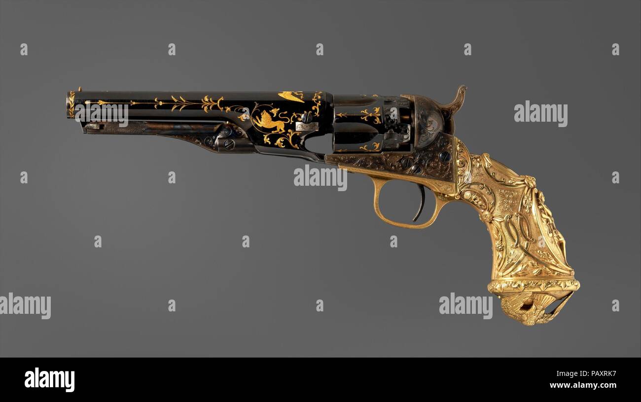Modello Colt 1862 la polizia Revolver, n. di serie 38549. Cultura: American, Hartford, Connecticut e New York. Progettista: Impugnatura progettata da John Quincy Adams Ward (American, Urbana, Ohio 1830-1910 New York). Dimensioni: L. della pistola 11. (27,9 cm); Cal. .36 in. (9,1 mm). Produttore: Colt brevetto di armi da fuoco Manufacturing Company (American, Hartford, Connecticut, 1855-presente). Data: ca. 1868. La ornata di impugnatura in ottone di questa pistola presenta una figura femminile che rappresenta il cristianesimo e la giustizia. John Quincy Adams Ward ha creato il modello originale della presa per un paio di pistole presentato dal Presidente Foto Stock