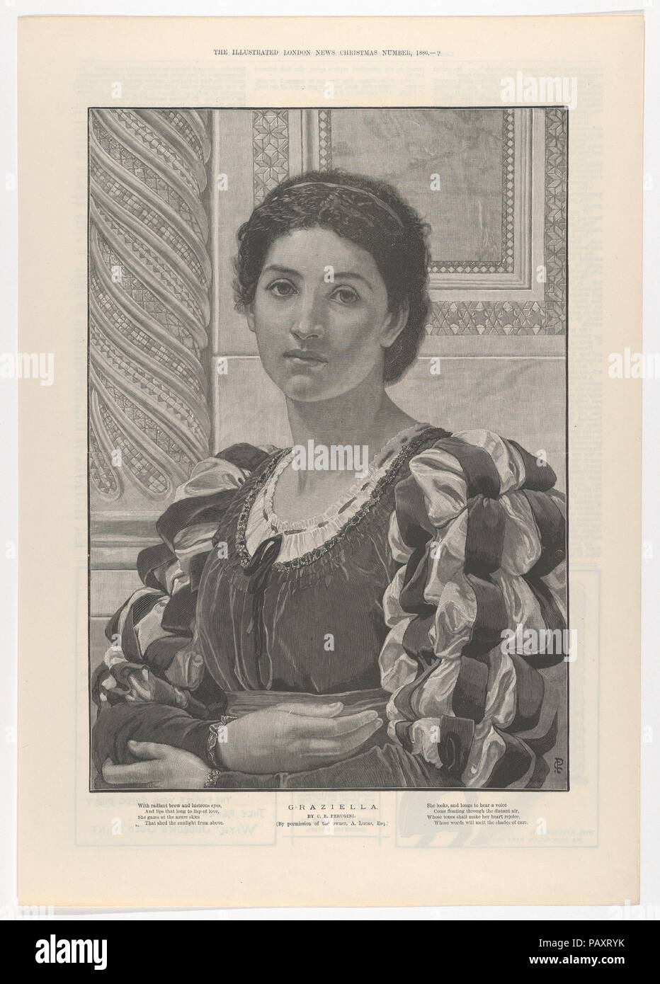 Graziella, da 'Illustrated London News " numero di Natale. Artista: Dopo Charles Edward Perugini (British, Napoli, Italia 1839-1918 Londra). Dimensioni: foglio: 16 1/8 × 11 5/16 in. (40,9 × 28,7 cm). Data: Dicembre 6, 1886. Questa incisione su legno dopo una pittura dai Perugini mostra una bella donna in abiti rinascimentali in piedi davanti a una colonna e decorato con mosaici Cosmatesque. Nato a Napoli, Perugini si trasferisce in Inghilterra come una gioventù, poi tornò a Roma per addestrato come un artista, passando a Parigi per studiare con Ary Scheffer. Frederic Leighton riconosciuto il suo talento e lo ha incoraggiato a re Foto Stock