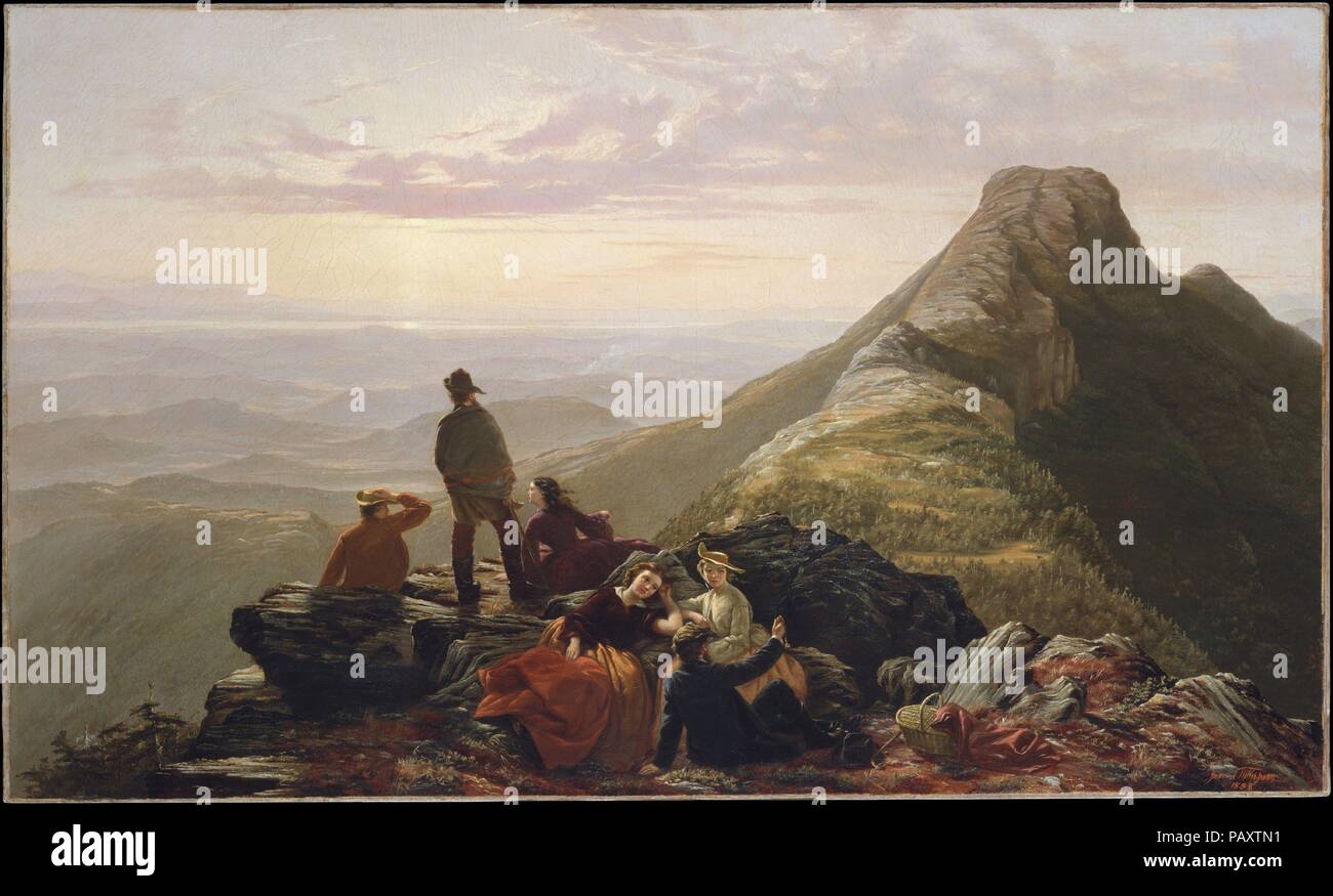 Il tardivo Party sulla montagna di Mansfield. Artista: Jerome B. Thompson (1814-1886). Dimensioni: 38 x 63 1/8 in. (96,5 x 160.3 cm.). Data: 1858. Thompson ha guadagnato una reputazione per combinare la larghezza del fiume Hudson scuola di pittura di paesaggio con l'appello aneddotica della contemporanea pittura di genere. Questo lavoro è uno dei diversi in cui egli ha usato Mount Mansfield, Vermont il picco più alto, come una lamina per la ricreazione domestica. Come la metà della parte di gitanti ammirare il vertice e la vista verso il lago Champlain, un altro giovane uomo detiene il suo orologio aloft, avvertimento dell'ora tarda e la necessità di d Foto Stock