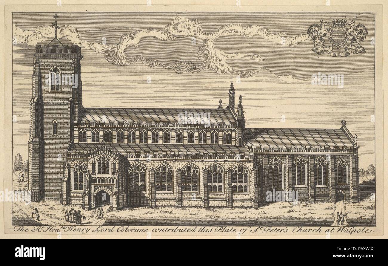 La Chiesa di San Pietro a Walpole. Artista: Anonimo, britannici del XVIII secolo. Dimensioni: foglio: 4 1/4 x 7 3/16 in. (10,8 x 18,2 cm). Data: XVIII secolo. Museo: Metropolitan Museum of Art di New York, Stati Uniti d'America. Foto Stock