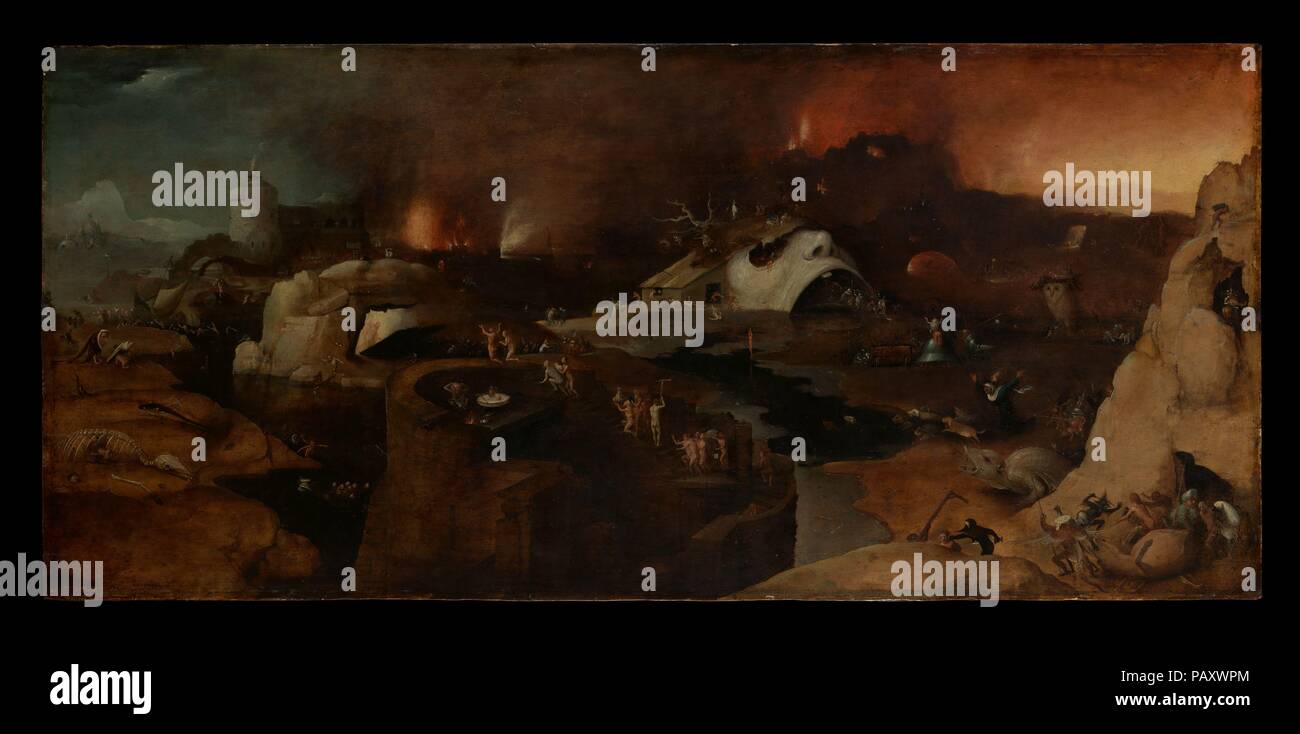 Cristo la discesa agli inferi. Artista: seguace di Hieronymus Bosch (Netherlandish, secondo quarto del XVI secolo). Dimensioni: 21 x 46 in. (53,3 x 116,8 cm). Bosch di fiery scene dell'inferno è rimasto enormemente popolare in tutta Europa nel XVI secolo. Un vasto paesaggio desolato con una città in fiamme a destra e il fiume Styx a sinistra è l'impostazione per questa visione da incubo in cui Cristo abbatte le porte dell inferno per salvare le anime dei giusti. Gesti di supplica verso di lui, Adamo ed Eva si inginocchia sulla parte superiore di un rovinoso torre. Dietro di loro, figure dell'Antico Testamento salire la win Foto Stock