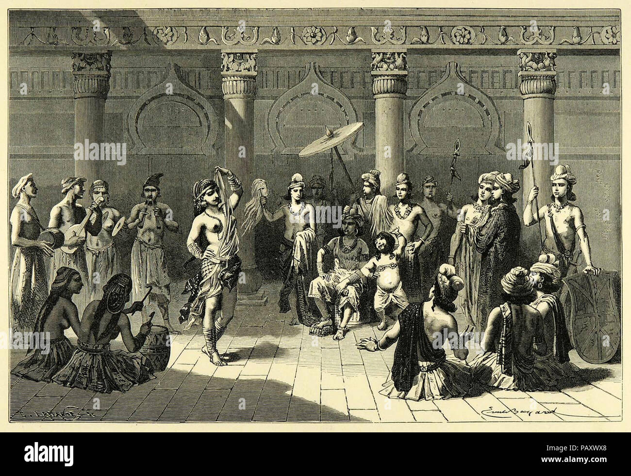 Una visione di indiano antico della vita di corte, utilizzando motivi dal Sanchi (incisione su legno, 1878). Foto Stock