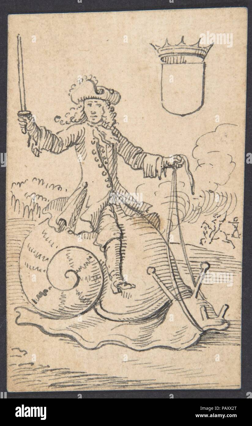 Scudo Re: un uomo a cavallo di una lumaca. Artista: Johannes Brandenberg (Swiss, Zug Zugo 1661-1729). Dimensioni: foglio: 3 9/16 x 2 5/16 in. (9 x 5,9 cm). Data: 1712 o versioni successive. Museo: Metropolitan Museum of Art di New York, Stati Uniti d'America. Foto Stock