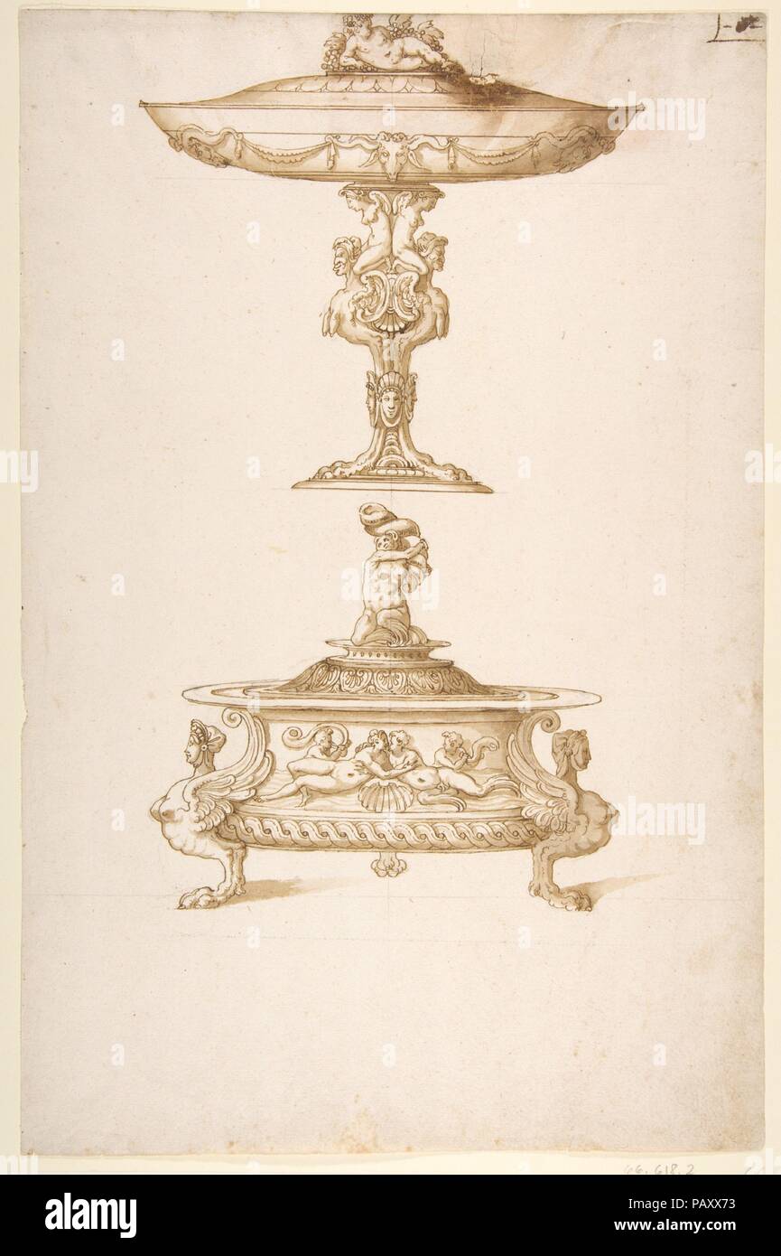 Design per un sale di cantina e di torrefazione Tazza. Artista: attribuito alla bottega di Ottavio Strada (Italiano (naturalizzato), Norimberga (?) 1550-1606 Praga); stile di Francesco Salviati (Francesco de' Rossi) (italiano, Firenze Roma 1510-1563). Dimensioni: foglio: 16 15/16 x 11 in. (43 x 27,9 cm). Data: n.d.. Museo: Metropolitan Museum of Art di New York, Stati Uniti d'America. Foto Stock