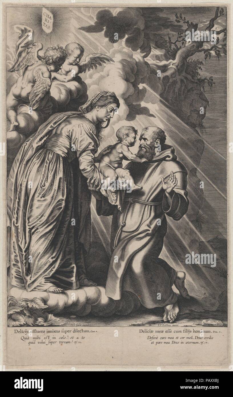 La visione di San Francesco, inginocchiata a destra, ricevendo il Cristo bambino dalla Vergine Maria. Artista: dopo Peter Paul Rubens (fiammingo, Siegen 1577-1640 Anversa); Michel Lasne (francese, Caen 1590-1667 Paris). Dimensioni: Piastra: 14 3/16 x 8 3/4 in. (36 × 22,3 cm) Foglio (trimmed): 14 3/8 in. × 9 a. (36,5 × 22,9 cm). Editore: Theodoor Galle (Netherlandish, Anversa 1571-1633 Anversa). Data: 1617-20. Museo: Metropolitan Museum of Art di New York, Stati Uniti d'America. Foto Stock