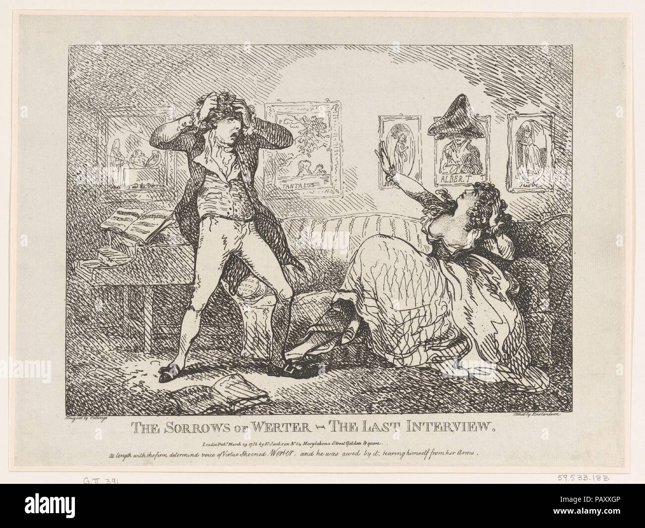 I dolori di Werter-The ultima intervista. Artista: Dopo Samuel Collings (British, attivo 1784-95). Dimensioni: foglio: 9 15/16 × 13 7/16 in. (25,2 × 34,1 cm). Incisore: Thomas Rowlandson (British, Londra Londra 1757-1827). Editore: E. Jackson (Londra). Data: Marzo 29, 1786. Museo: Metropolitan Museum of Art di New York, Stati Uniti d'America. Foto Stock