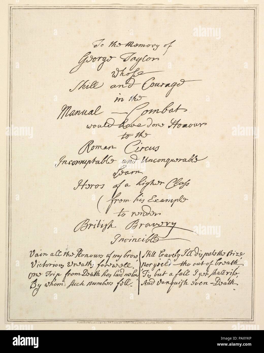 Alla memoria di George Taylor la cui abilità e coraggio nel combattimento manuale Avrebbe fatto onore al circo romano... (Epitaffio). Artista: relative a William Hogarth (British, Londra Londra 1697-1764). Artista e publisher: Incisi e pubblicati da Richard Livesay (British, 1753-1823 Southsea). Dimensioni: foglio: 10 13/16 x 8 9/16 in. (27,5 x 21,7 cm). Oggetto: George Taylor (British, ca. 1710-1758). Data: 1782. Museo: Metropolitan Museum of Art di New York, Stati Uniti d'America. Foto Stock