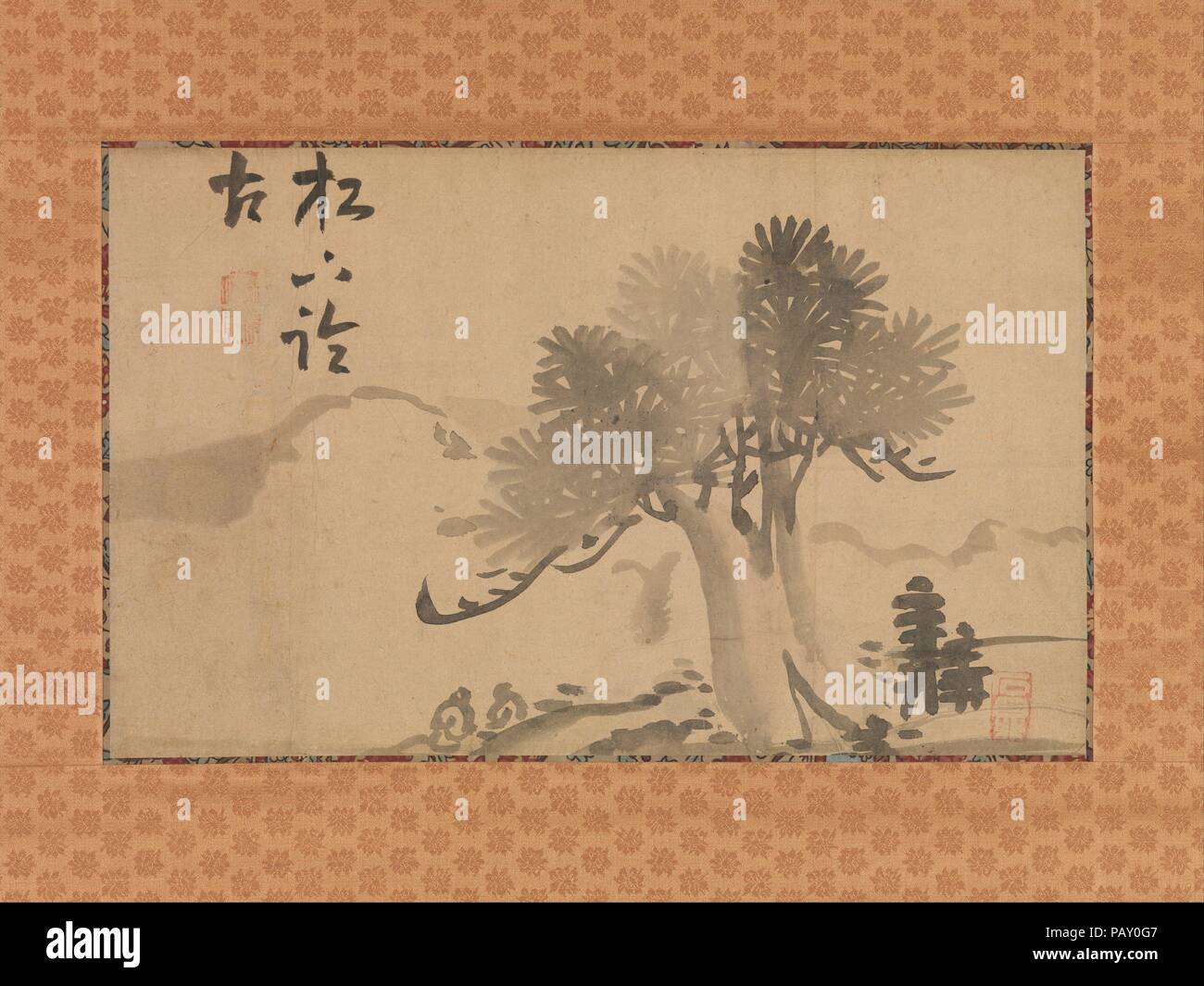 Albero di pino e calligrafia. Artista: Taiga Ike (giapponese, 1723-1776). Calligrapher: Minagawa Kien (giapponese, 1734-1807). Cultura: il Giappone. Dimensioni immagine: (a): 9. × 14 7/16 in. (22,8 × 36,6 cm) complessivamente con il supporto di montaggio (a): 39 3/8 × 19 7/16 in. (100 × 49,4 cm) in generale con le manopole (A): 39 3/8 × 21 7/16 in. (100 × 54,5 cm) immagine (b): 9 5/16 × 14 15/16 in. (23,6 × 38 cm) complessivamente con il supporto di montaggio (B): 39 3/8 × 19 1/2 in. (100 × 49,6 cm) in generale con le manopole (B): 39 3/8 × 21 9/16 in. (100 × 54,7 cm). Data: tardo XVIII-XIX secolo. Queste opere sono parte di un gruppo di nove scorre appeso e un'albu Foto Stock