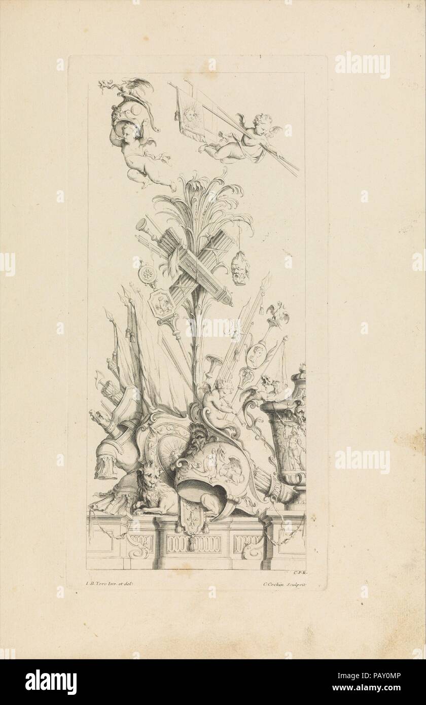 Trophées Nouvellement Inventez par J.B. Toro. Progettista: Jean Bernard Toro (francese di Digione 1672-1731 Tolone). Dimensioni: Piastra: 12 13/16 × 6 5/16 in. (32,5 × 16 cm) foglio: 15 7/8 × 11 7/16 in. (40,4 × 29 cm). Incisore: Charles Nicolas Cochin I (francese, Parigi Parigi 1688-1754). Editore: Jacques-Nicolas Le Pas Dubuisson (Francese, 1663-1733). Data: 1716. Museo: Metropolitan Museum of Art di New York, Stati Uniti d'America. Foto Stock