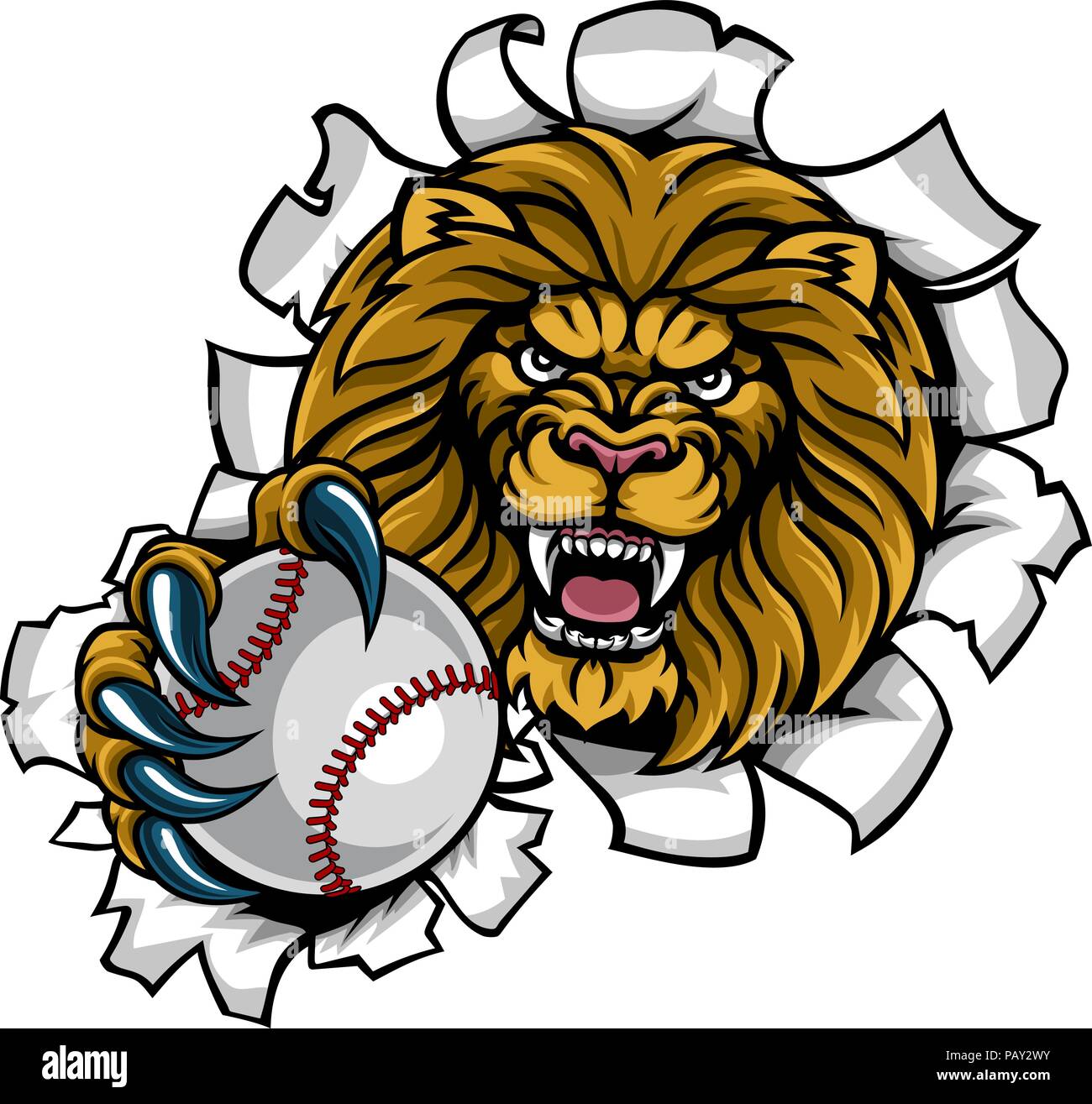 Lion tenendo palla da baseball sfondo di rottura Illustrazione Vettoriale
