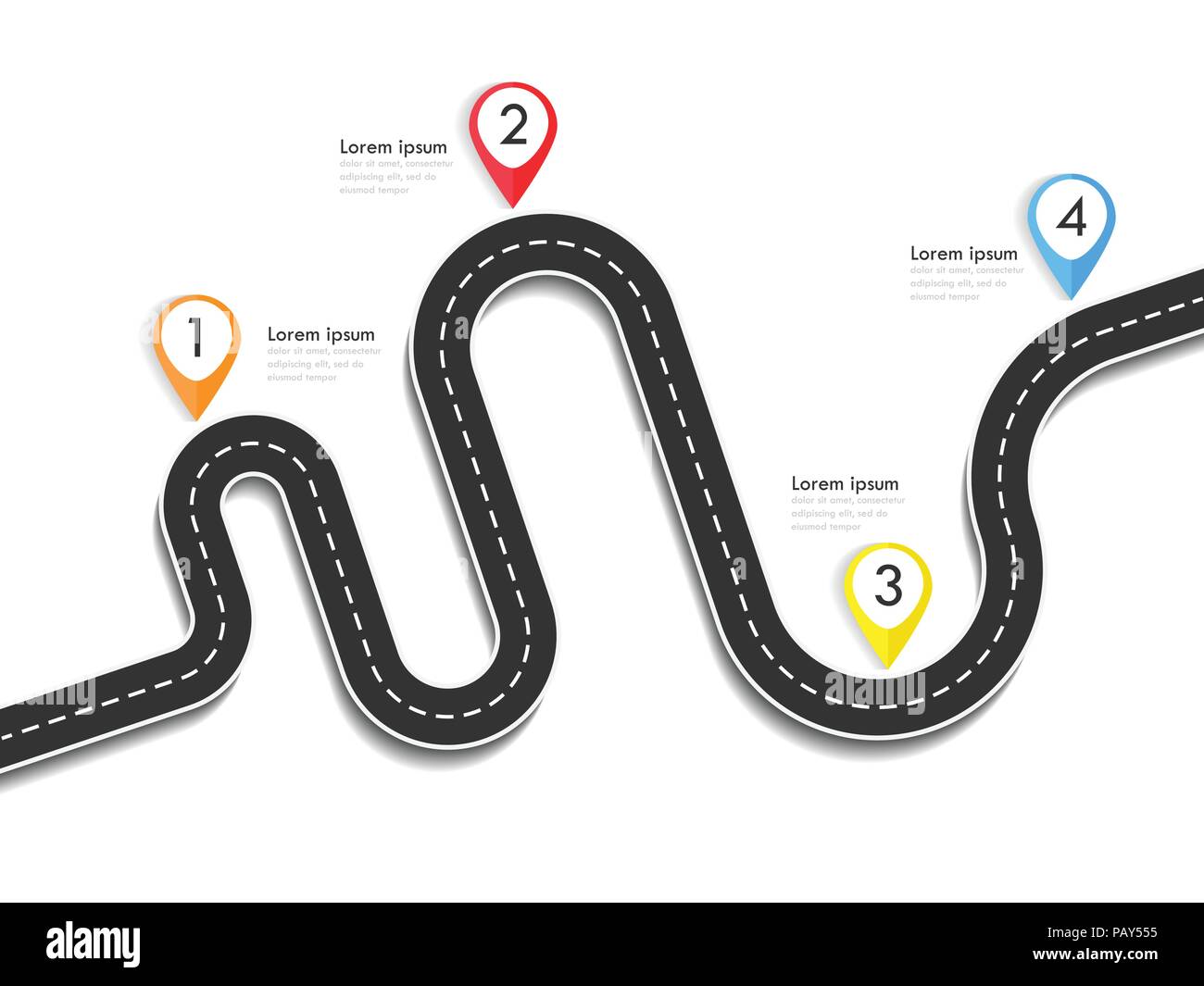 Tratto di strada percorso modello infografico con pin puntatore. Strada di avvolgimento su un sfondo colorato. Elegante streamers. EPS vettoriali 10 Illustrazione Vettoriale