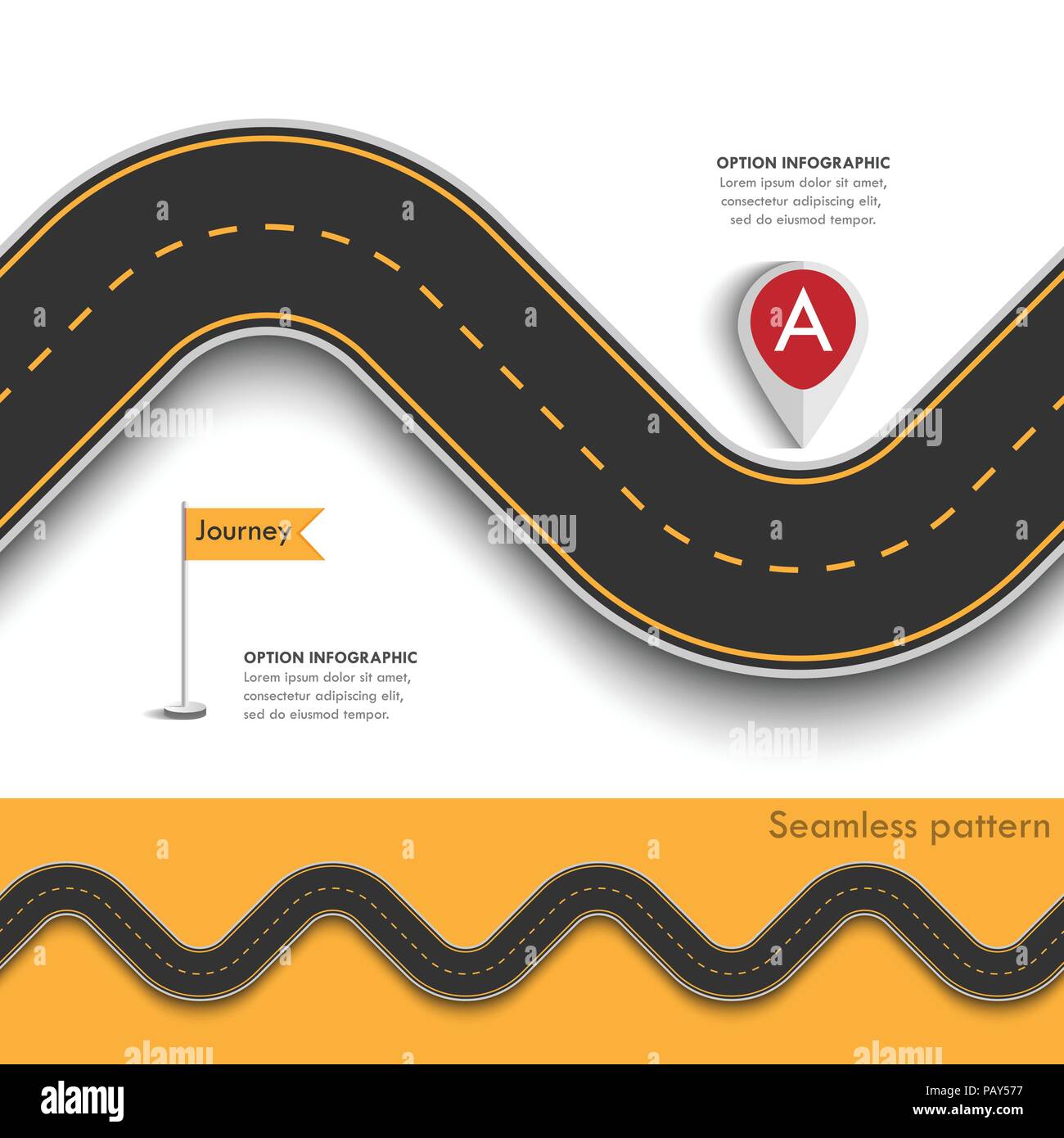 Viaggio su strada e il cammino percorso con il pin del puntatore. Business e viaggio modello infografico con bandiere e posto per i vostri dati. Seamless EPS vettoriali 10 Illustrazione Vettoriale