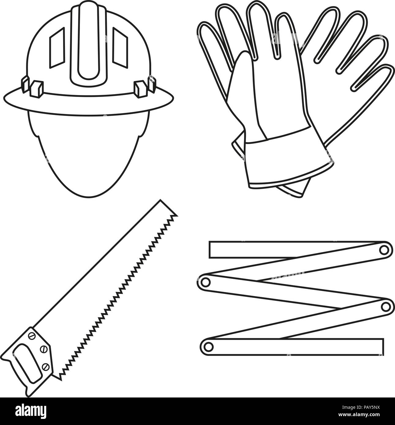 Line art in bianco e nero 4 falegname set di elementi. Tuttofare l'attrezzo per la riparazione della casa. In tema di costruzione illustrazione vettoriale per icona, adesivo, patch, la Illustrazione Vettoriale