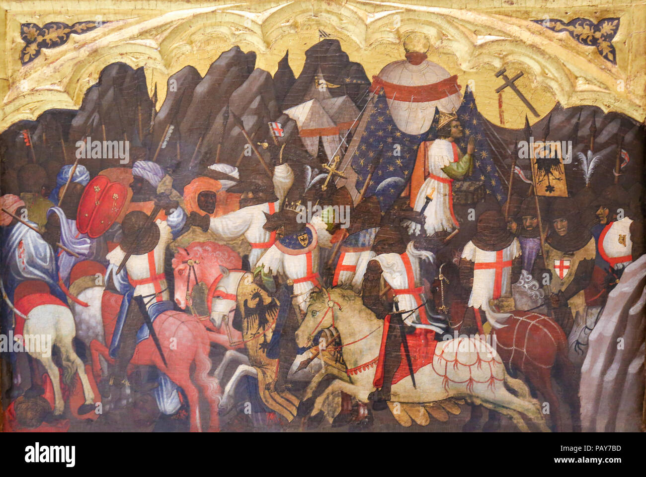 Valencia, Spagna - 15 Giugno 2018: pittura medievale raffigurante una battaglia tra crociati e Saraceni, a Valencia, Spagna Foto Stock
