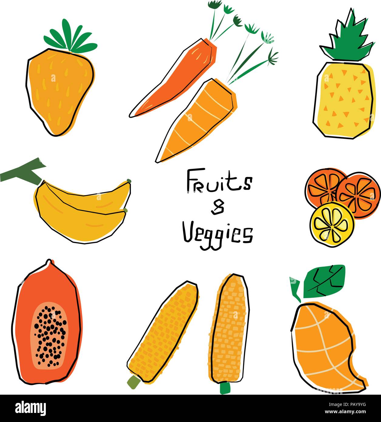 Arancio e giallo cartoon frutta e verdura vettore set disegnati a mano Illustrazione Vettoriale