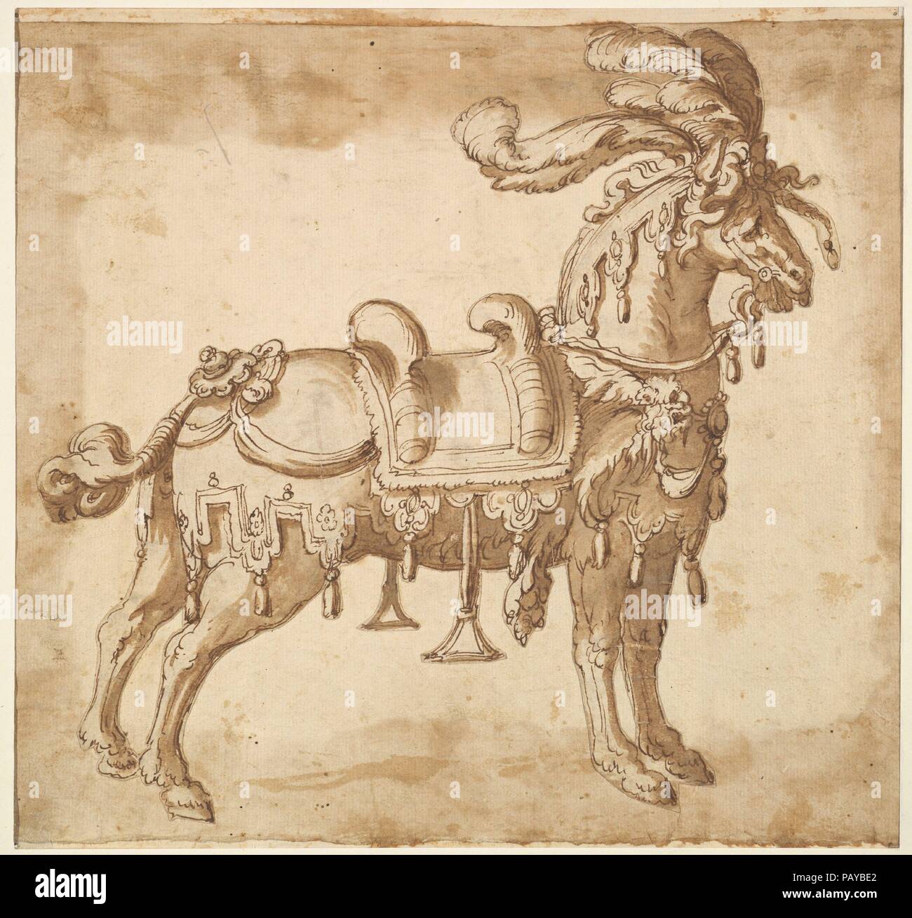 Horse vestite per un torneo o la cerimonia di ingresso. Artista: eventualmente da Baccio del bianco (italiano, Firenze 1604-1656 Escorial) (e workshop). Dimensioni: foglio: 9 3/16 x 11 7/16 in. (23,4 x 29 cm) Immagine: 9 1/16 x 9 7/16 in. (23 x 24 cm). Data: ca. 1620-56. Disegno di un cavallo vestite per un torneo o la cerimonia di ingresso, rappresentato dal lato (verso destra). Il cavallo è outftted con un elaborato copricapo e notevole è la parte del leone la pelle che sembra essere stata usata invece di una coperta sotto la sella. Museo: Metropolitan Museum of Art di New York, Stati Uniti d'America. Foto Stock