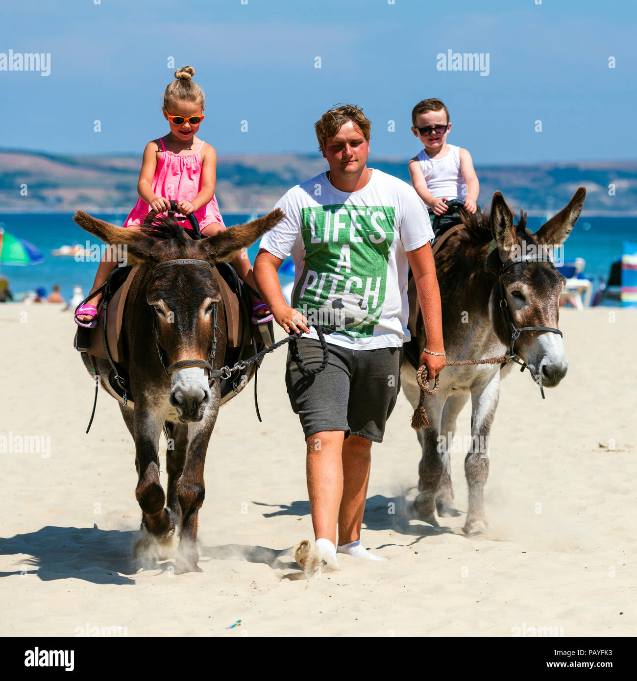 Donkey Ride sulla spiaggia di Weymouth Dorset, Regno Unito. Foto Stock