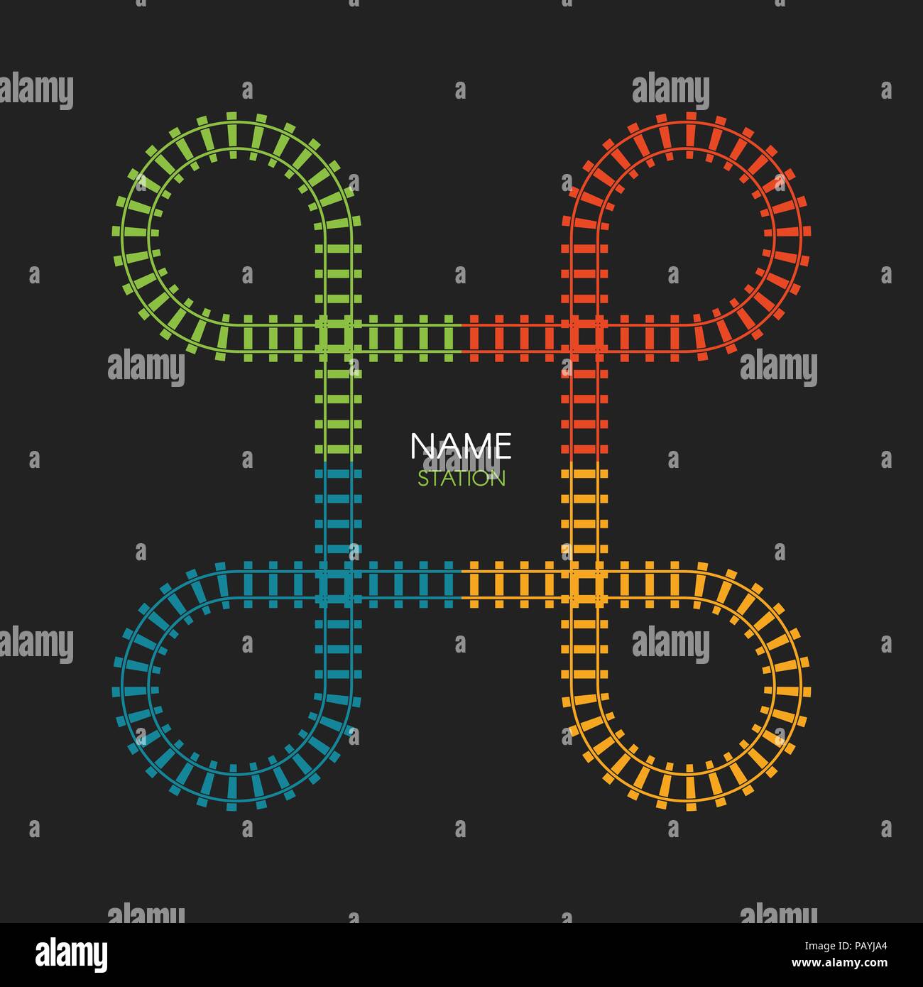 Anello del treno via logo. Ferrovia, ferroviaria semplice icona, binario direzione, illustrazione vettoriale su sfondo nero. Illustrazione Vettoriale
