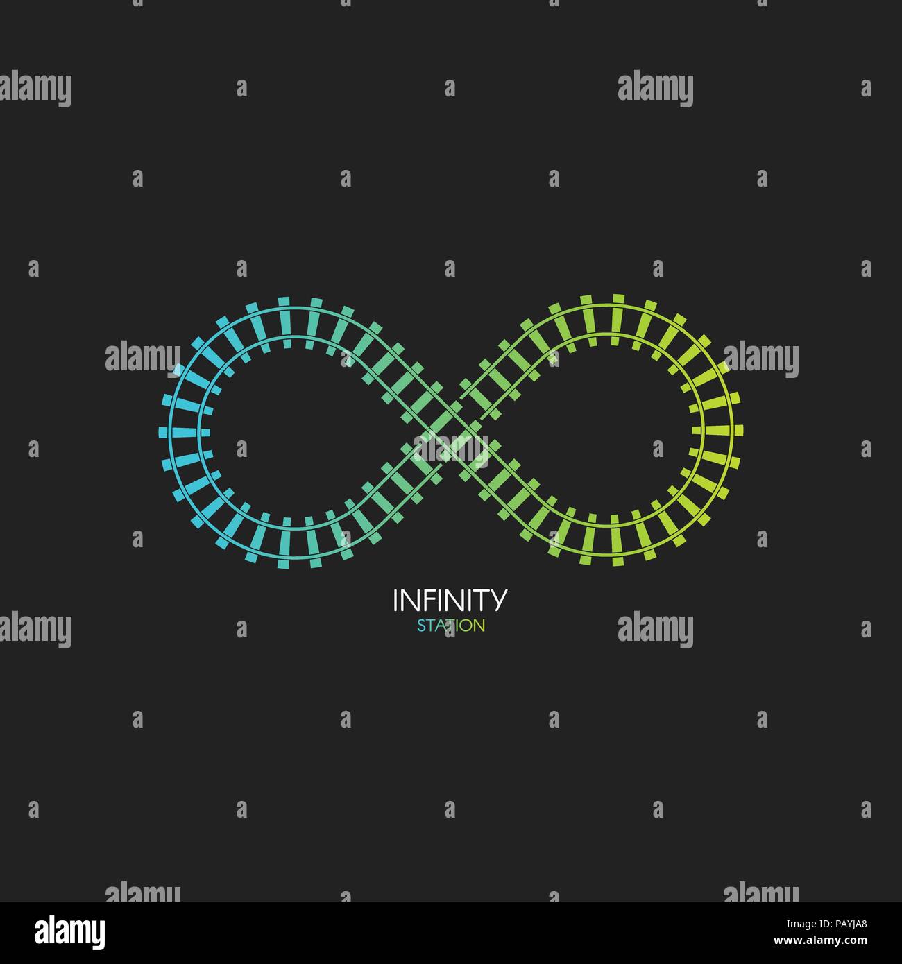 Via treno, infinity forma. Ferrovia logo loop, linea ferroviaria semplice icona, binario direzione, illustrazioni vettoriali in backgroud neri e colorati di scale, dalle stazioni della metropolitana mappa, elementi infografico Illustrazione Vettoriale