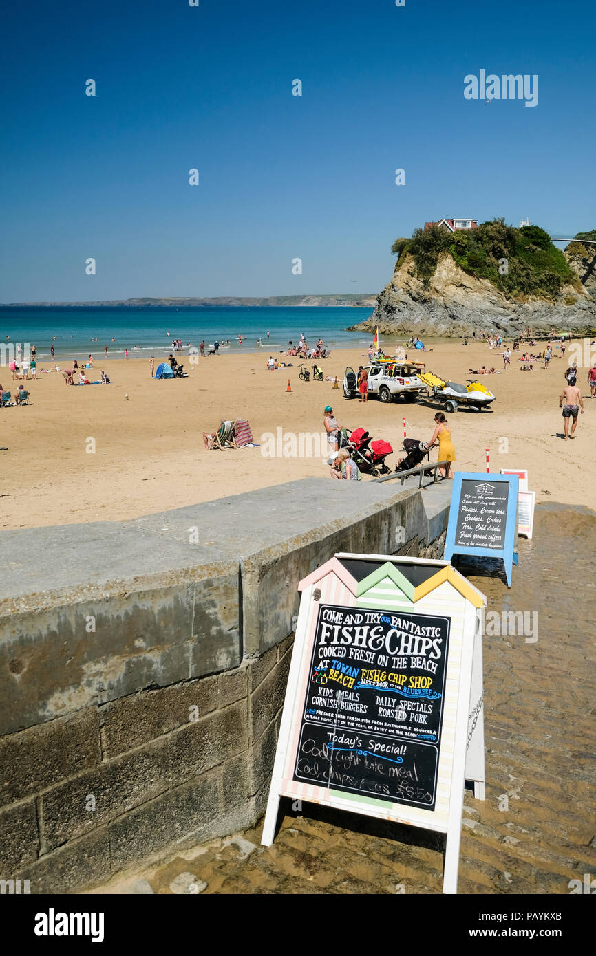 Pannelli pubblicitari per la tradizione pesce e patatine sull'approccio alla Towan Beach in Newquay, Cornwall Foto Stock