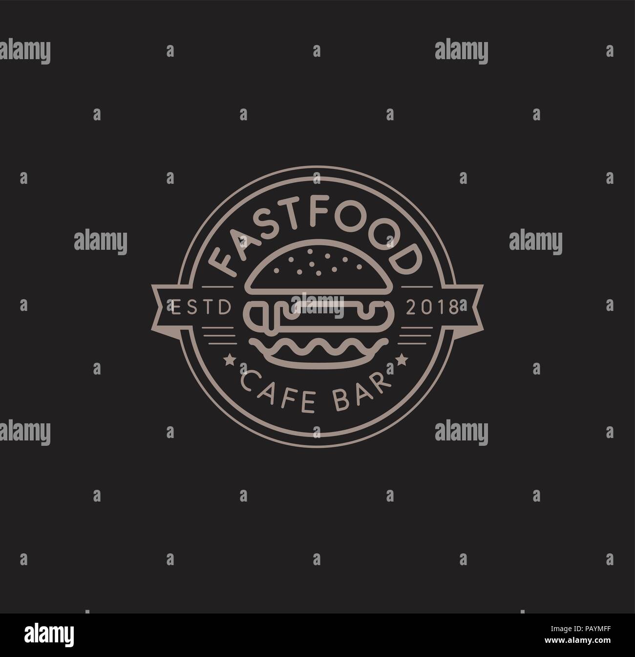 Fast food logo vettoriale modello. Burger Caldo timbro lineare design. Hamburger di segno. Cheeseburger sign design. Illustrazione Vettoriale su sfondo nero. Illustrazione Vettoriale