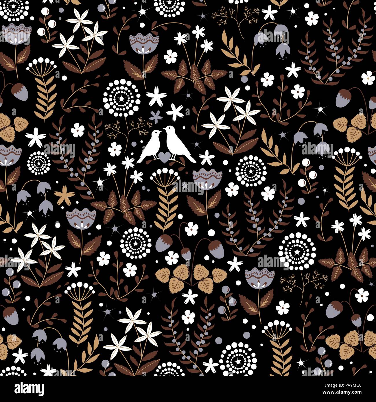 Floral seamless pattern con graziosi uccelli giovane su doodle flower background. Foresta Magica. Illustratiom vettore Illustrazione Vettoriale