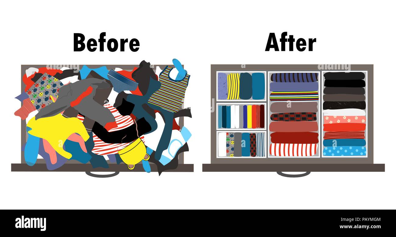 Prima e dopo il riordino kids armadio nel cassetto. I vestiti sporchi e ben disposti i vestiti nelle caselle all'interno del cassetto. Illustrazione Vettoriale. Cleani Illustrazione Vettoriale