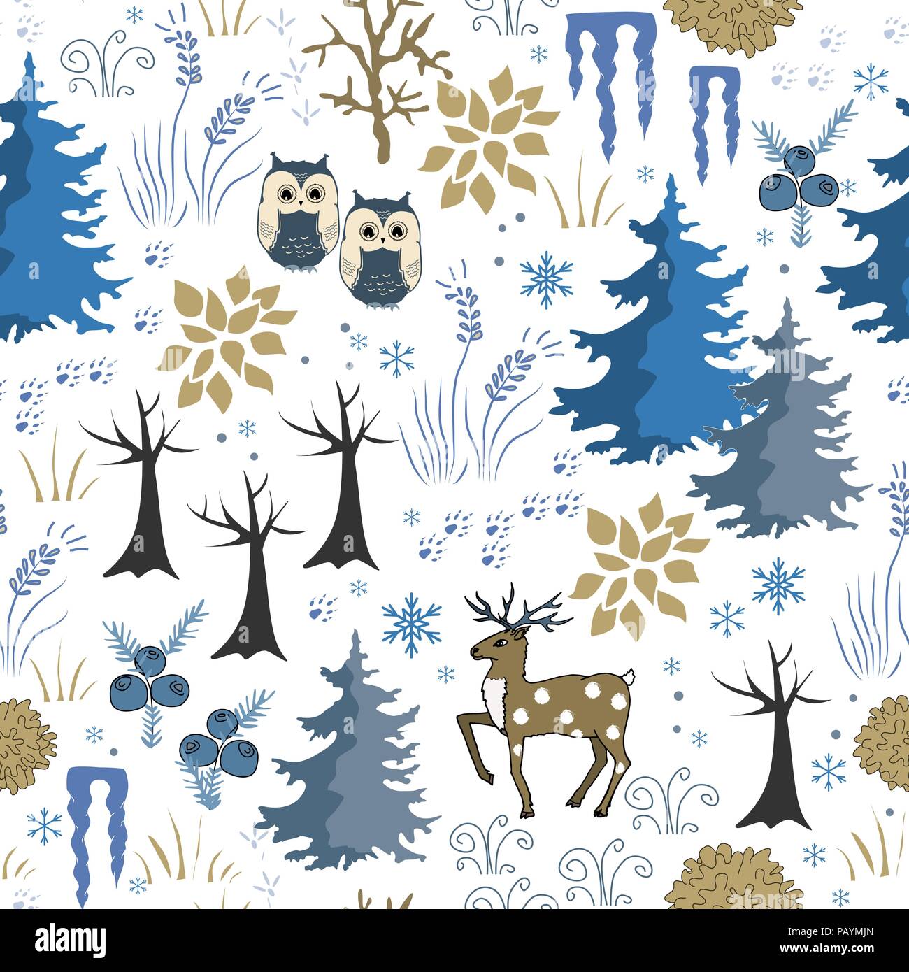 Carino foresta d'inverno. Natale seamless pattern. Doodle illustrazione vettoriale Illustrazione Vettoriale