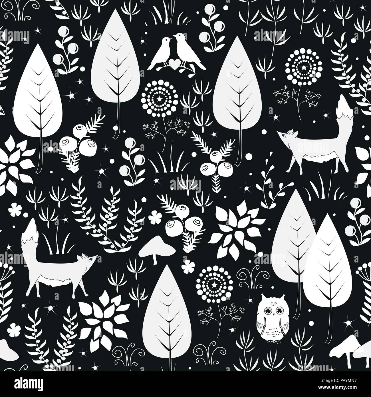 Vettore di carino seamless pattern con piante di foresta, uccelli e volpi silhouette. Il bianco e il nero dello sfondo. Illustrazione Vettoriale Illustrazione Vettoriale